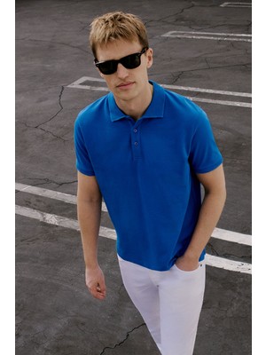 Altınyıldız Classics Erkek Royal Mavi %100 Pamuk Kıvrılmaz Pike Polo Yaka Slim Fit Dar Kesim Tişört