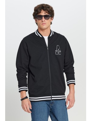 Altınyıldız Classics Erkek Siyah 2 İplik Pamuklu Kolej Yaka Fermuarlı Yan Cepli Sweatshirt Ceket Standart Fit