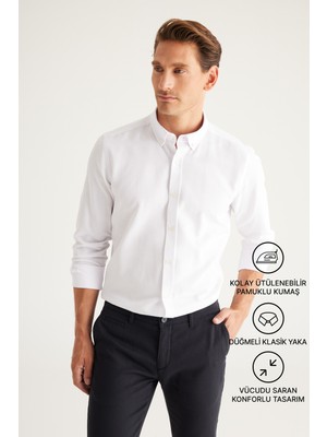 Altınyıldız Classics Erkek Oxford Kolay Ütülenebilir Pamuklu Terletmez Gömlek Beyaz Düğmeli Yaka Slim Fit Dar Kesim