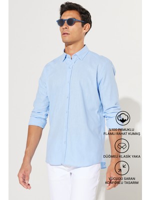Altınyıldız Classics Erkek Mavi Kolay Ütülenebilen %100 Pamuk Nefes Alabilen Terletmez Slim Fit Gömlek