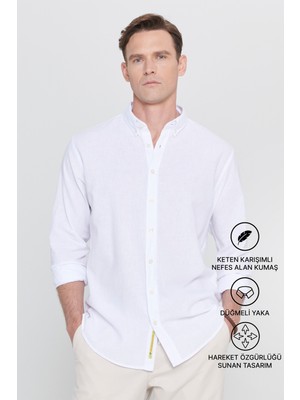 Altınyıldız Classics Erkek Beyaz Keten Comfort Fit Rahat Kesim Düğmeli Yaka Casual Gömlek