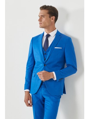 Altınyıldız Classics Erkek Saks Mavi Yünlü Ekstra Slim Fit Dar Kesim Mono Yaka Pick Desenli Yelekli Takım Elbise