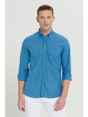 Altınyıldız Classics Erkek Petrol %100 Pamuk Nefes Alabilen Kumaş Flamlı Slim Fit Düğmeli Yaka Gömlek