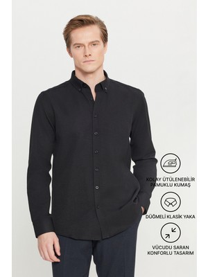 Altınyıldız Classics Erkek Oxford Kolay Ütülenebilir Pamuklu Terletmez Gömlek Siyah Düğmeli Yaka Slim Fit Dar Kesim