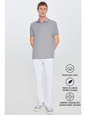 Altınyıldız Classics Erkek Çekmeyen Pamuklu Kumaş Regular Fit Rahat Kesim Gri Kıvrılmaz Polo Yaka Cepli Tişört