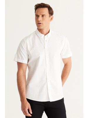 Altınyıldız Classics Erkek Beyaz Keten Slim Fit Dar Kesim Düğmeli Yaka Gömlek