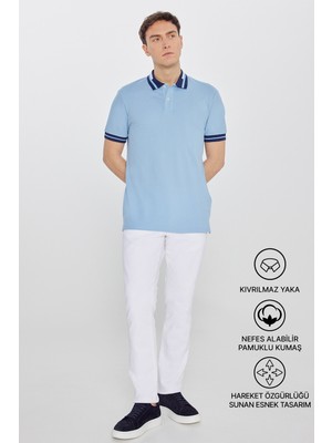 Altınyıldız Classics Erkek Açık Mavi Slim Fit Dar Kesim %100 Pamuk Kıvrılmaz Polo Yaka Tişört
