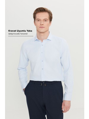 Altınyıldız Classics Erkek Mavi Kolay Ütülenebilir Slim Fit Dar Kesim Italyan Yaka Armürlü Gömlek