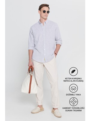 Altınyıldız Classics Erkek Gri Keten Comfort Fit Rahat Kesim Düğmeli Yaka Casual Gömlek