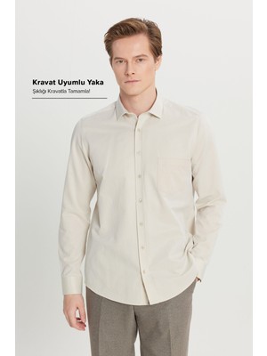 Altınyıldız Classics Erkek Bej Pamuklu Tailored Slim Fit Dar Kesim Klasik Yaka Armürlü Cepli Gömlek