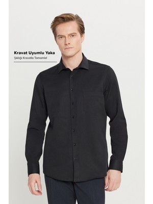 Altınyıldız Classics Erkek Siyah Pamuklu Tailored Slim Fit Dar Kesim Klasik Yaka Armürlü Cepli Gömlek