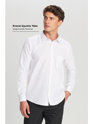 Altınyıldız Classics Erkek Beyaz Pamuklu Tailored Slim Fit Dar Kesim Klasik Yaka Armürlü Cepli Gömlek