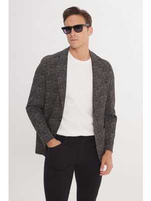 Altınyıldız Classics Erkek Haki Slim Fit Dar Kesim Mono Yaka Kazayağı Desenli Blazer Ceket