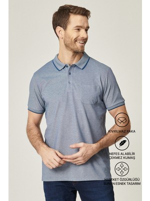 Altınyıldız Classics Erkek Çekmeyen Pamuklu Kumaş Comfort Fit Rahat Kesim Indigo-beyaz Kıvrılmaz Polo Yaka Cepli Tişört