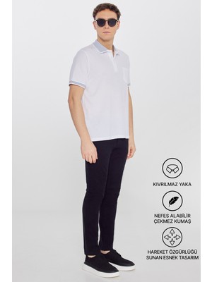 Altınyıldız Classics Erkek Çekmeyen Pamuklu Kumaş Regular Fit Rahat Kesim Beyaz Kıvrılmaz Polo Yaka Cepli Tişört