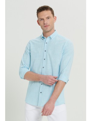 Altınyıldız Classics Erkek Antrasit Slim Fit Dar Kesim Düğmeli Yaka Keten Görünümlü %100 Pamuk Flamlı Gömlek