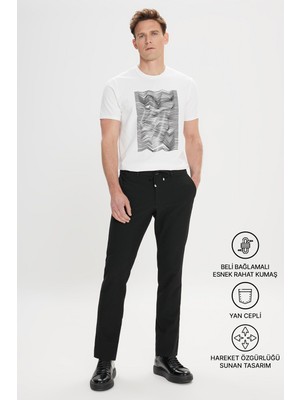 Altınyıldız Classics Erkek Siyah Slim Fit Dar Kesim Beli Bağlamalı Yan Cep Gofre Desenli Pantolon