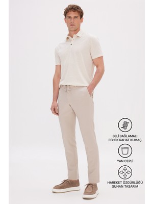 Altınyıldız Classics Erkek Bej Slim Fit Dar Kesim Beli Bağlamalı Yan Cep Gofre Desenli Pantolon