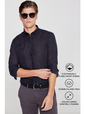 Altınyıldız Classics Erkek Siyah Kolay Ütülenebilen %100 Pamuk Nefes Alabilen Terletmez Slim Fit Gömlek