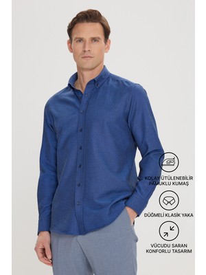 Altınyıldız Classics Erkek Oxford Koyu Lacivert Düğmeli Yaka Kolay Ütülenebilir Pamuklu Slim Fit Dar Kesim Gömlek