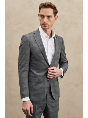 Altınyıldız Classics Erkek Gri Ekstra Slim Fit Dar Kesim Mono Yaka Kareli Takım Elbise