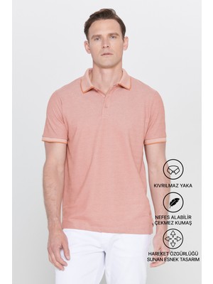 Altınyıldız Classics Erkek Çekmeyen Pamuklu Kumaş Slim Fit Dar Kesim Kiremit-Bej Kıvrılmaz Polo Yaka Tişört