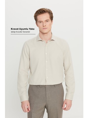 Altınyıldız Classics Erkek Bej Kolay Ütülenebilir Slim Fit Dar Kesim Italyan Yaka Armürlü Gömlek