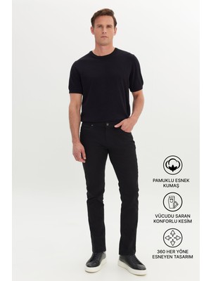 Altınyıldız Classics Erkek Siyah Diz İzi Yapmayan 360 Derece Her Yöne Esneyen Slim Fit Diagonal Desenli Esnek Pantolon