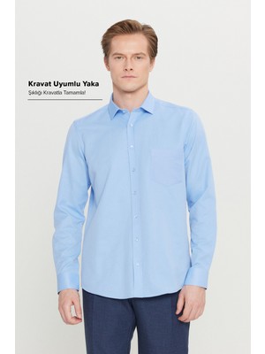 Altınyıldız Classics Erkek Açık Mavi Pamuklu Tailored Slim Fit Dar Kesim Klasik Yaka Armürlü Cepli Gömlek