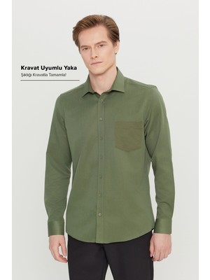 Altınyıldız Classics Erkek Haki Pamuklu Tailored Slim Fit Dar Kesim Klasik Yaka Armürlü Cepli Gömlek