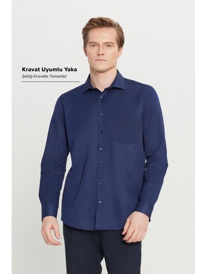 Altınyıldız Classics Erkek Lacivert Pamuklu Tailored Slim Fit Dar Kesim Klasik Yaka Armürlü Cepli Gömlek