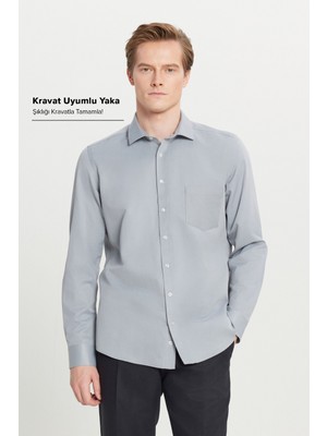 Altınyıldız Classics Erkek Gri Pamuklu Tailored Slim Fit Dar Kesim Klasik Yaka Armürlü Cepli Gömlek