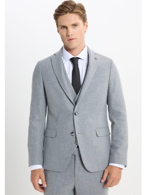 Altınyıldız Classics Erkek Gri Yünlü Slim Fit Dar Kesim Mono Yaka Desenli Yelekli Takım Elbise