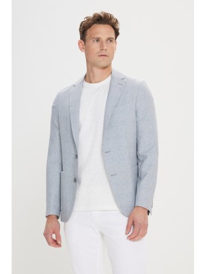 Altınyıldız Classics Erkek Gri-Mavi 360 Her Yöne Esneyen Slim Fit Dar Kesim Mono Yaka Desenli Blazer Ceket