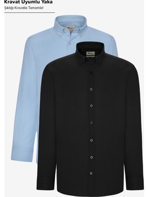 Altınyıldız Classics Erkek Siyah-Beyaz 2'li Pamuklu Oxford Kolay Ütülenebilir Slim Fit Dar Kesim Gömlek Paketi