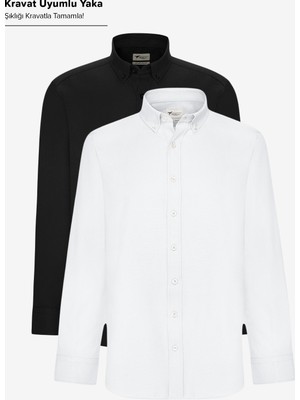 Altınyıldız Classics Erkek Siyah-Beyaz 2'li Pamuklu Oxford Kolay Ütülenebilir Slim Fit Dar Kesim Gömlek Paketi