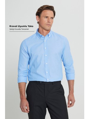 Altınyıldız Classics Erkek Oxford Kolay Ütülenebilir Pamuklu Terletmez Gömlek Mavi Düğmeli Yaka Slim Fit Dar Kesim
