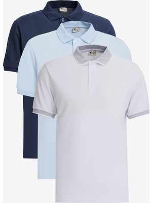 Altınyıldız Classics Erkek Beyaz-lacivert-açık Mavi 3'lü Çekmeyen Pamuklu Slim Fit Kıvrılmaz Polo Yaka Tişört