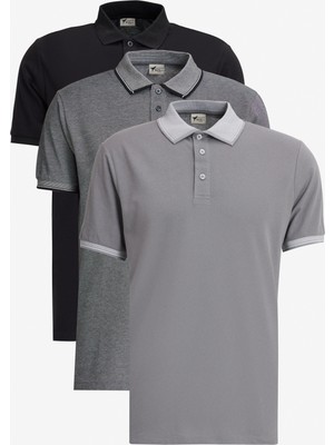 Altınyıldız Classics Erkek Siyah-açık Siyah-gri 3'lü Çekmeyen Pamuklu Slim Fit Dar Kesim Kıvrılmaz Polo Yaka Tişört