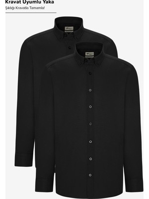 Altınyıldız Classics Erkek Siyah 2'li Pamuklu Oxford Kolay Ütülenebilir Slim Fit Dar Kesim Gömlek Paketi