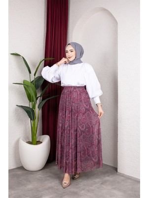 SFG Life Moda Asimetrik Kesim Etnik Desen Astarlı Tül Tesettür Etek