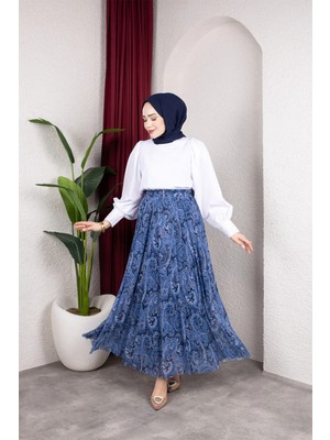 SFG Life Moda Asimetrik Kesim Etnik Desen Astarlı Tül Tesettür Etek