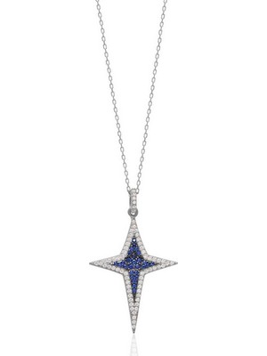 Emiliano Jewellery Lacivert Taşlı Gümüş Rengi Kaplamalı Kuzey Yıldızı Gümüş Kolye