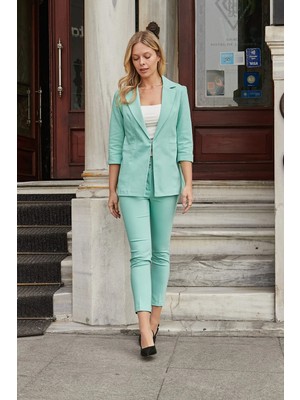 Jument Kapri Truvakar Kol Süs Cepli Kopçalı Ofis Blazer Kumaş Ceket-Mint