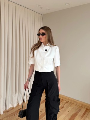 Laluvia Beyaz Kısa Kollu Crop Ceket - 504368