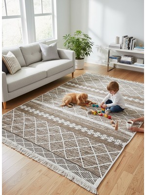 Stay With Love Kilim Çift Taraflı Dokuma Kilim Yıkanabilir Pamuk Dokuma Modern Desenli Kilim Bej-Krem