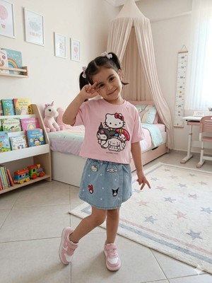 Bubiee Baby Kız Çocuk Pamuklu Tişört ve Kot Şort  Etekli Bayramlık Şık Alt Üst Takım