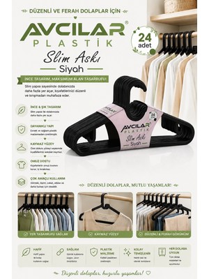 Avcılar Plastik Slim Siyah Askı 24 Lü Elbise Kıyafet Askısı Elbise Askısı Etek Askısı Pantolon Askısı Bluz Askısı