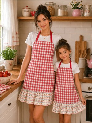 Ays Home Kırmızı Pötikareli Fırfırlı Anne Çocuk Mutfak Önlüğü