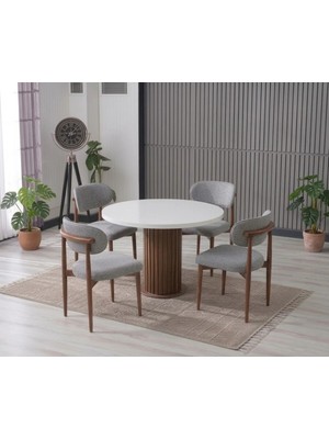 JoyMassa Lina Bohem 90X90 Beyaz/ahşap Yuvarlak Masa & 4 Polo Sandalye Seti